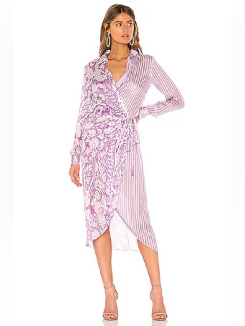HEMANT & NANDITA Lavender Floral-Stripe Wrap Midi Dress